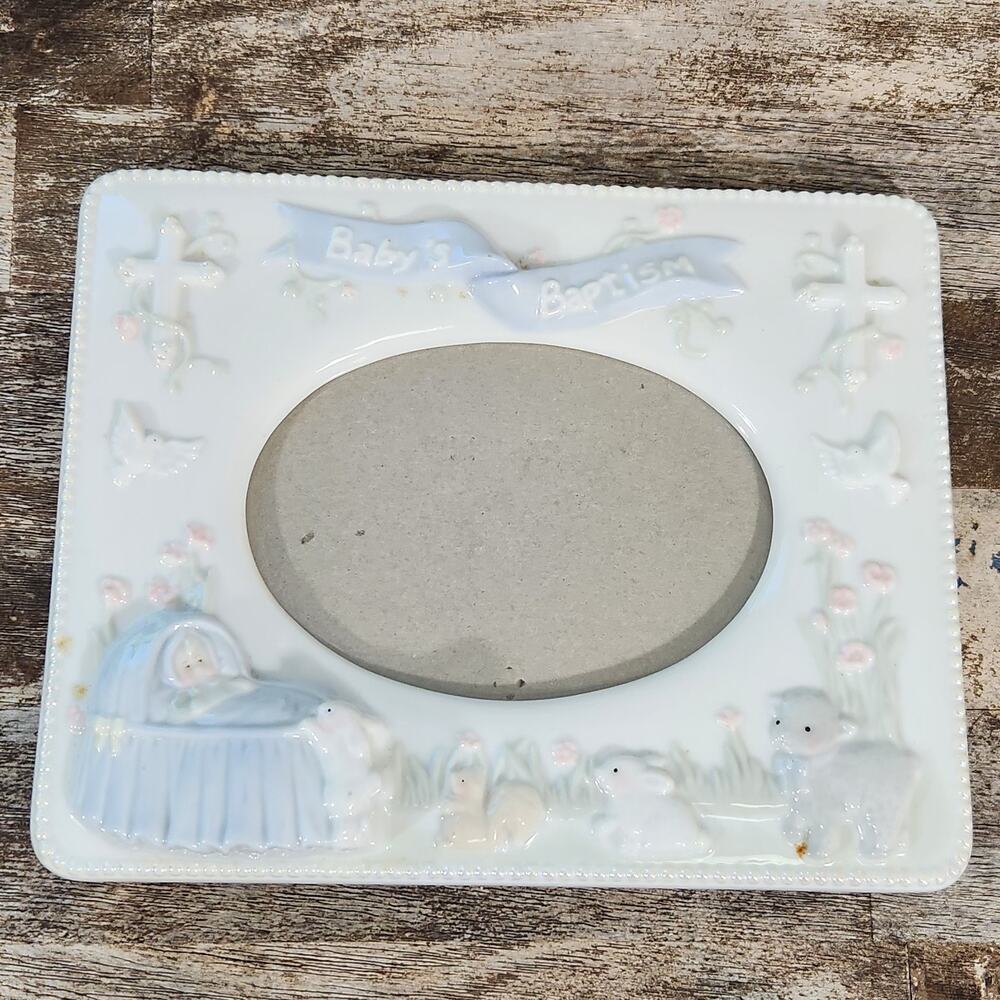 Vintage Russ Porcelain Baby Baptism Photo Frame 4" x 6" Christian Religious